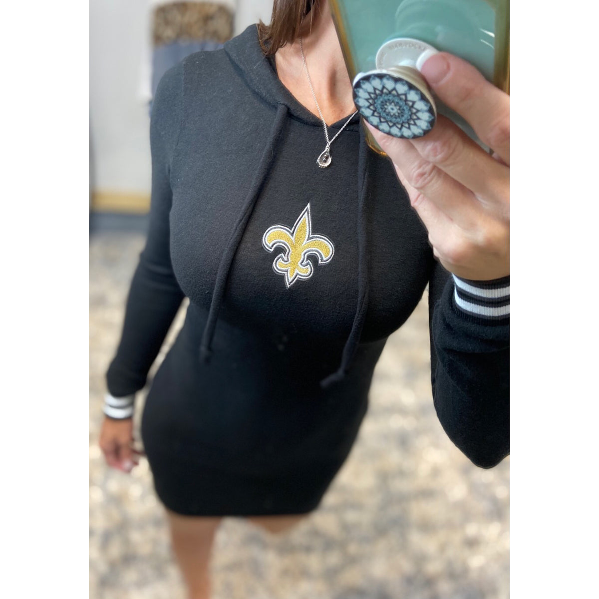 New Orleans Saints Fleur de Lis Hoodie Bodycon Stretch 3/4 Dress Black S/M/L S