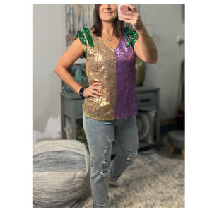 Mardi Gras Top Sequined Purple Green Gold Color Block V Neck Ruffle Parade