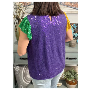 Mardi Gras Top Sequined Purple Green Gold Ruffle Sleeve High Neck Parade NOLA