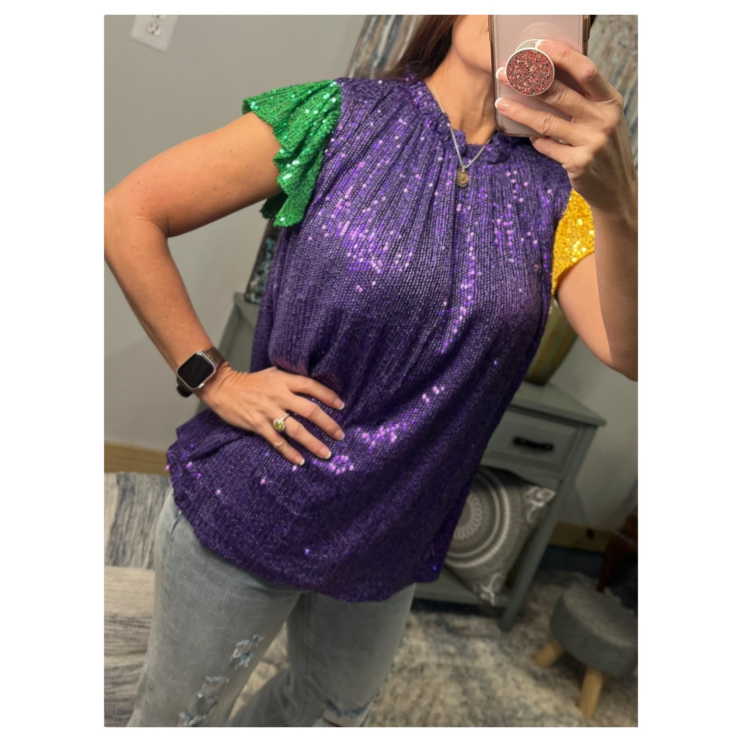 Mardi Gras Top Sequined Purple Green Gold Ruffle Sleeve High Neck Parade NOLA