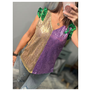 Mardi Gras Top Sequined Purple Green Gold Color Block V Neck Ruffle Parade