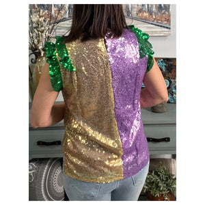 Mardi Gras Top Sequined Purple Green Gold Color Block V Neck Ruffle Parade