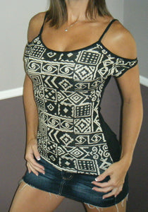 Sexy Cold Shoulder Cutout Cleavage Aztec Short Sleeve Blouse Top Cocoa Black