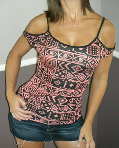 Sexy Cold Shoulder Cutout Cleavage Aztec Short Sleeve Blouse Top Pink Black