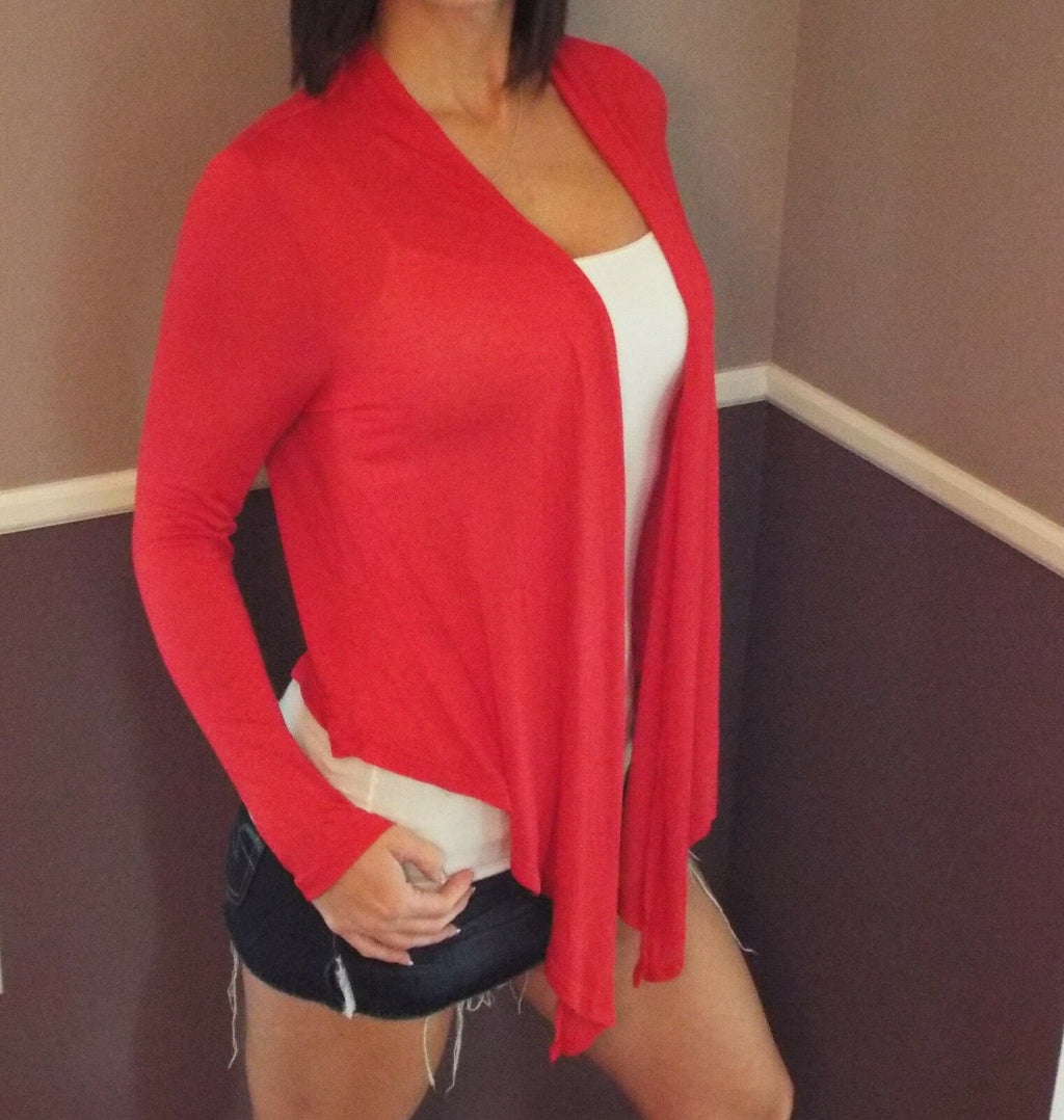 Very Sexy Open Front Drape V-Neck Cleavage Asymmetrical Tissue Top Red S/M/L