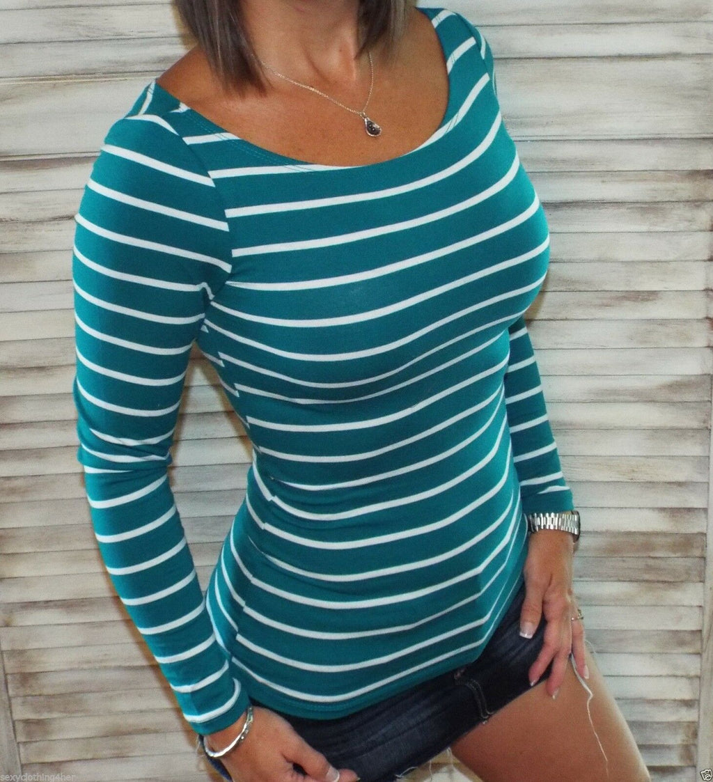 Sexy Boat Neck Preppy Striped Rugby Open Shoulder Stretch Shirt Emerald S/M/L