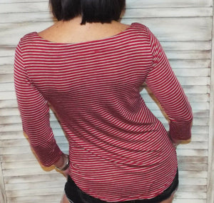 Very Sexy Open Scoop Neck Preppy Striped Rugby Open 3/4 Shirt Top Red Gray S/M/L