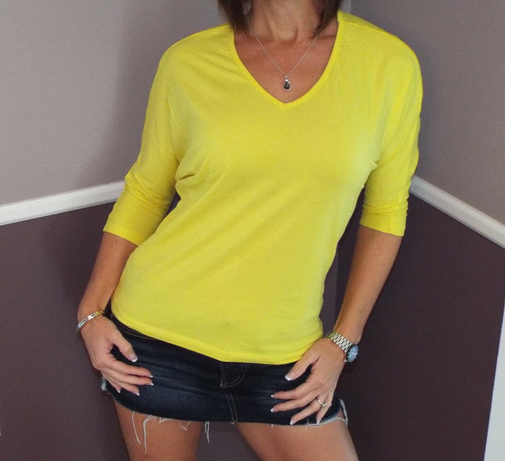 Sexy Dolman V Neck Batwing Blouse Floaty Half Sleeve Top Shirt Bright Yellow