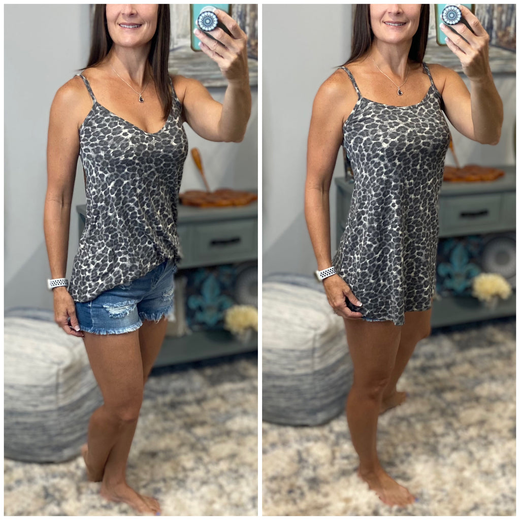 “Heat Wave” Reversible Leopard Low Scoop Or V-Neck Tank Shirt Top Distressed Gray PLUS