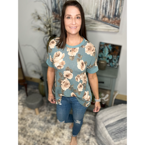 Floral Short Sleeve Round Neck Flowy Bohemian Hi Low Tunic Green Small