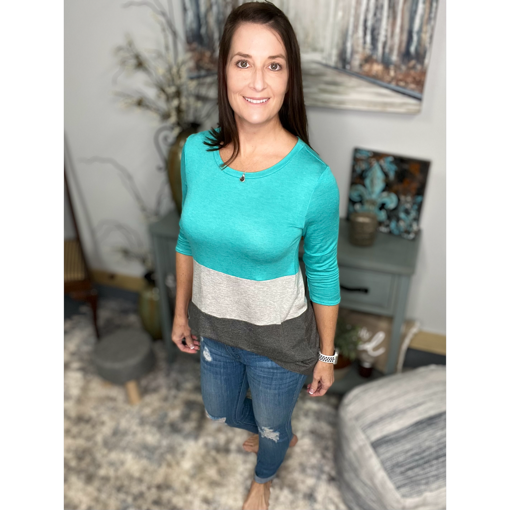 Color Block Contrast A Line Floaty 3/4 Sleeve Round Neck Tunic Green Gray Small