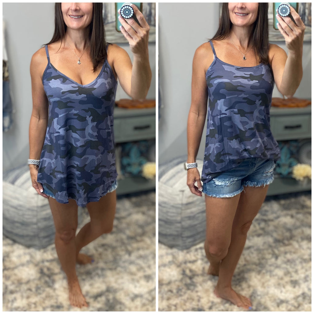 “Heat Wave” Reversible Camouflage Low Scoop Or V Neck Spaghetti Strap Tank Shirt Top Blue