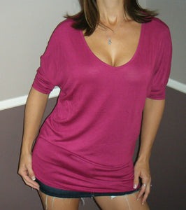 Sexy Dolman Sleeves Deep V Neck Cleavage Asymmetrical Tunic Top Magenta Pink