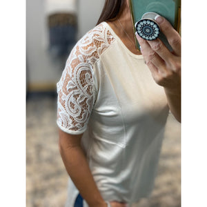 "All About The Lace" Lace Short Sleeve Scoop Neck Hi Lo Bottom Dressy Ivory