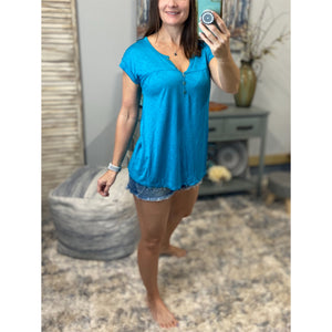 “Just Be You” Sheer Burnout Melange Tissue V-Neck Henley Tab Short Sleeve Shirt Tee Teal