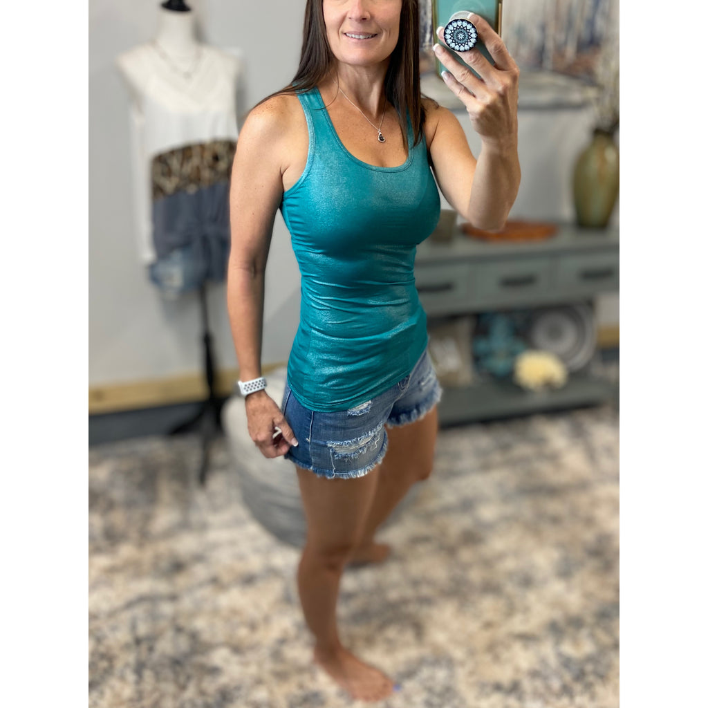 Very Sexy Low Scoop Neck Racerback Metallic Summer Tank Top Shirt Green S/M/L