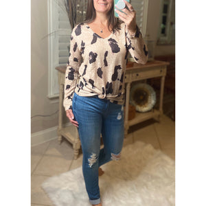 "Wild Child" V-Neck Floaty Animal Print Leopard Long Sleeve Taupe