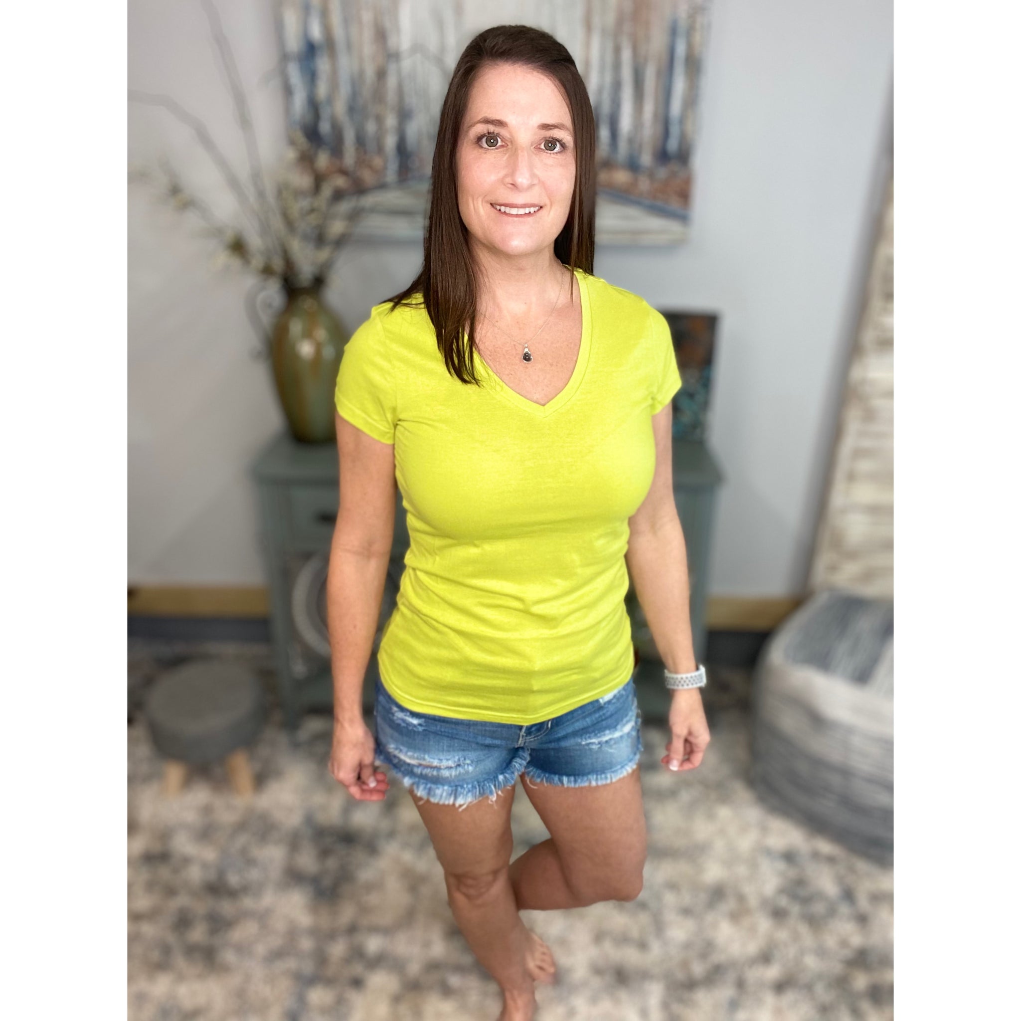 “Basic Babe” Low Cut V Neck Cleavage Baby Slimming Short Sleeve Basic Tee Neon Yellow