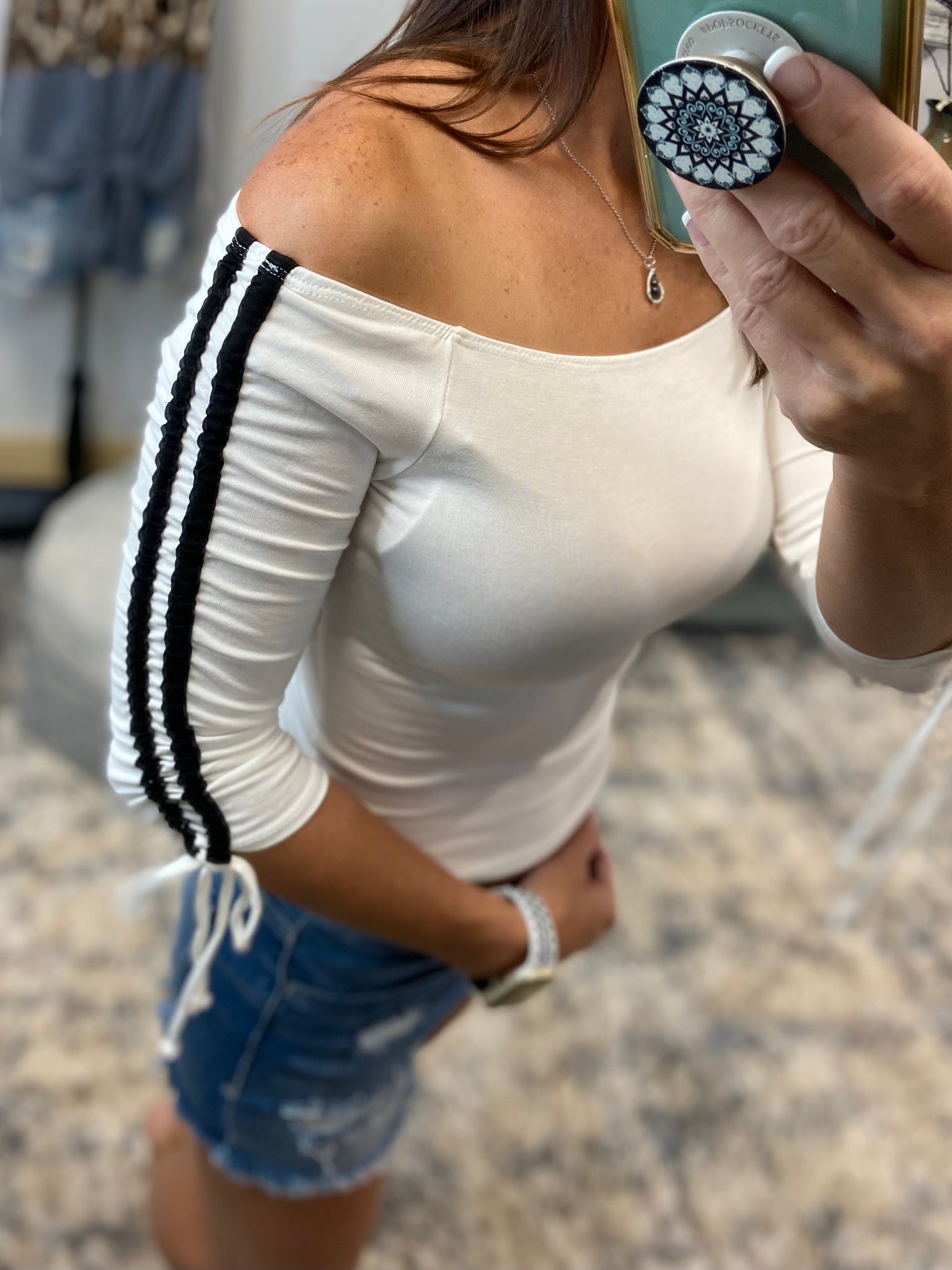 Sexy Off Shoulder Sporty Contrast Striped Tie Sleeve Semi Cropped Top White