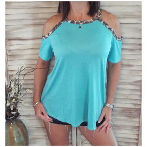 Very Sexy Leopard Trim Cold Shoulder Cutout Dolman Drape Top Mint S/M/L