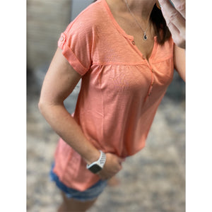 “Just Be You” Sheer Burnout Melange Tissue V Neck Henley Tab Sleeve Shirt Floaty Tee Peach