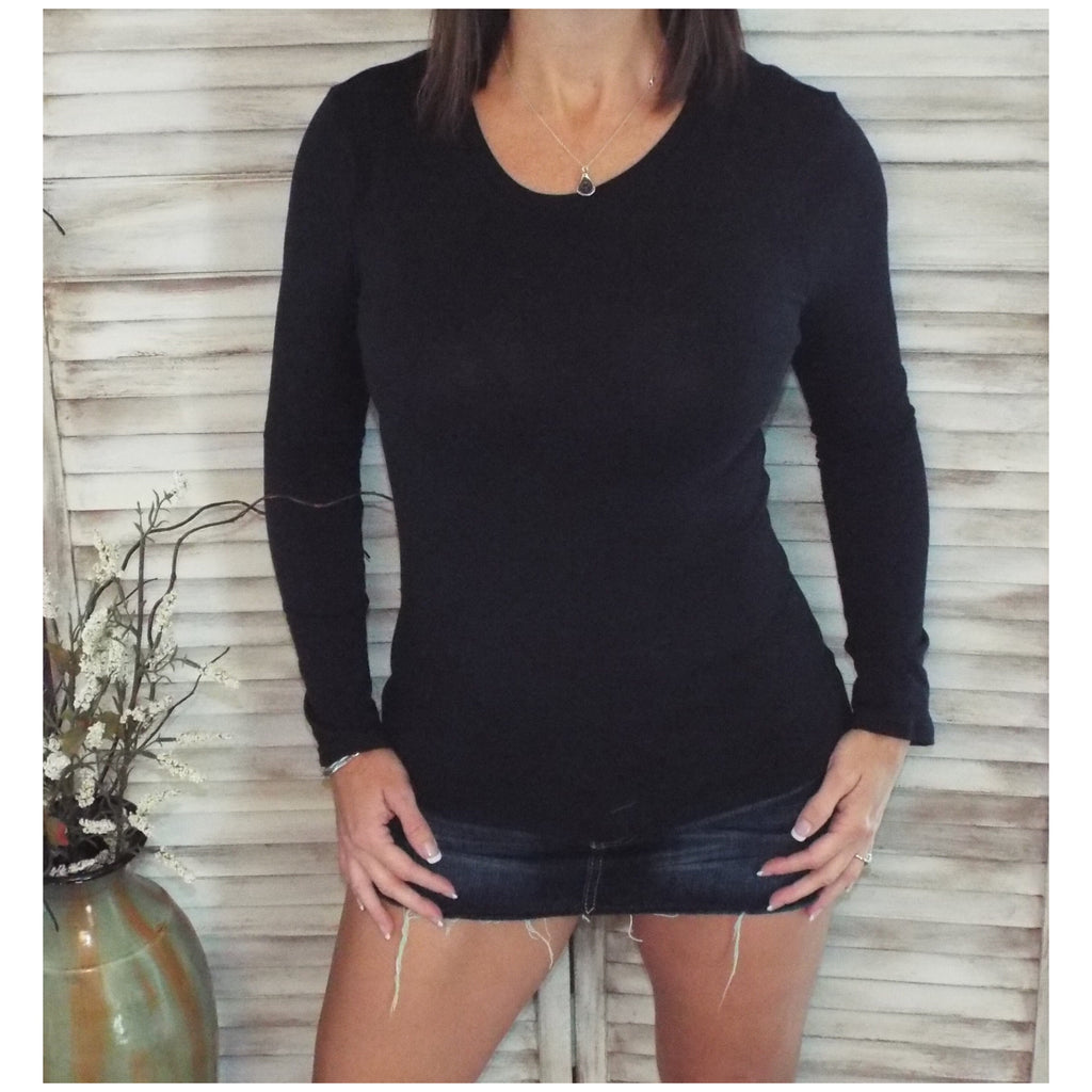 Sexy Slimming Round Neck Low Cut L/S Tissue Basic Baby Shirt Top Black S/M/L