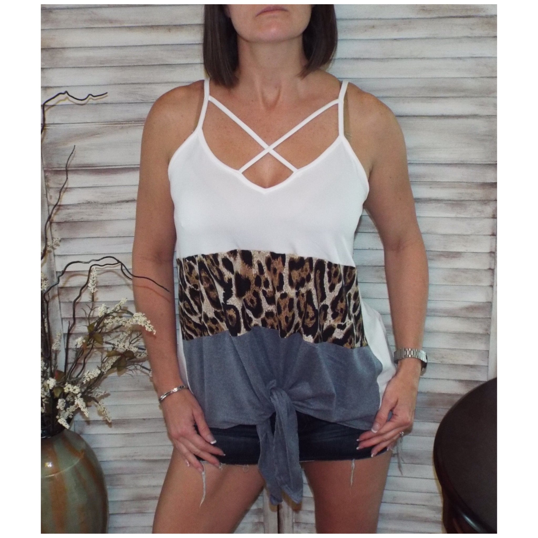 Sexy V-Neck Floaty Self Tie Animal Print Color Block Summer Tank White