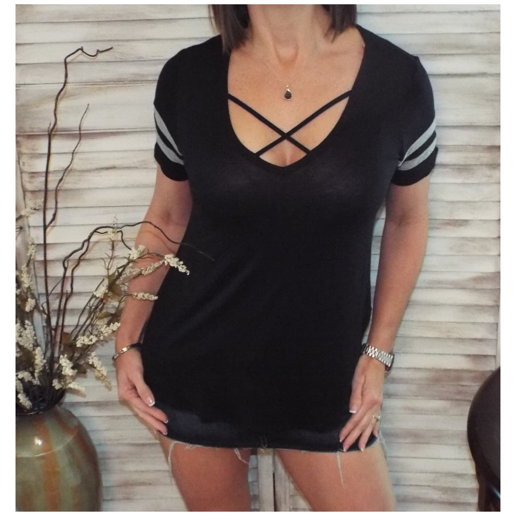 Sexy V Neck Criss Cross Cutout Sporty Striped Low Cleavage Short Sleeve Black