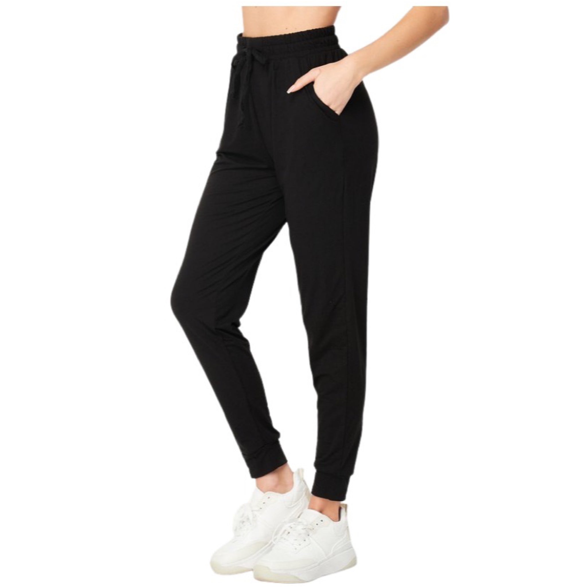 “Better Than Me” Sporty Joggers Slash Pocket Drawstring Stretch Ankle Lounge Comfort Pants Black