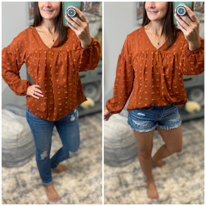 “Harvest Festival” Swiss Dot Long Bubble Sleeve V-Neck Floaty Top Rust