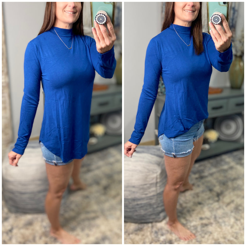 "The Rock" Mock Turtle High Neck Floaty Long Sleeve Soft Stretchy Blue