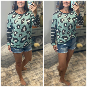 "Wild Thing" Leopard Animal Print Gauzy Knit Round Neck Floaty Striped Long Sleeve Mint Green