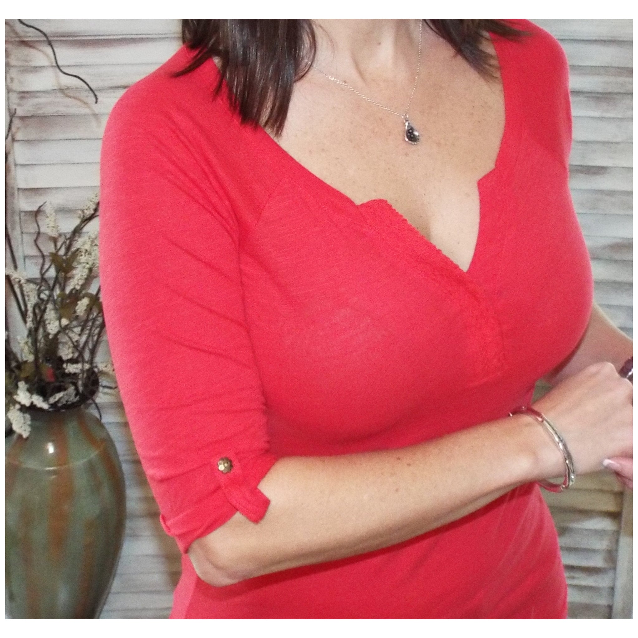 "Come Together" V-Neck Crochet Plunge Cleavage Military Melange 3/4 Cuff Sleeve Top Red
