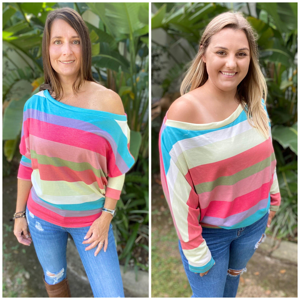 “Just The Way I Like It” Sexy Striped Off Shoulder Open Wide Neck Dolman Long Sleeve Top Pink Multi