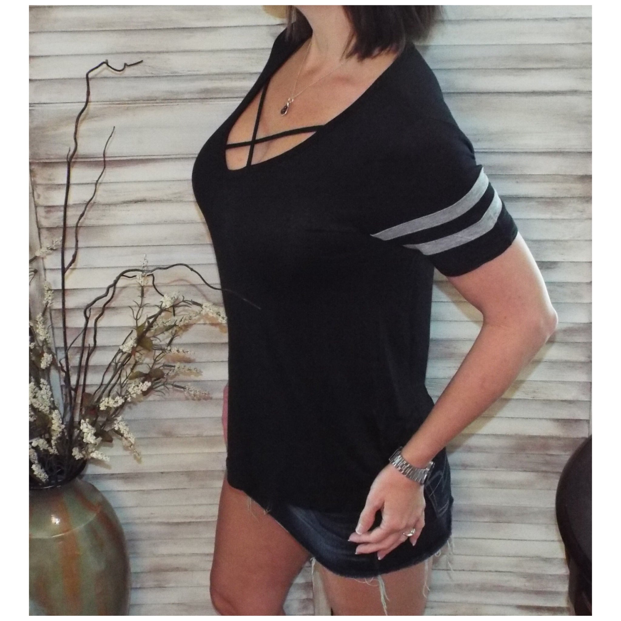 Sexy V Neck Criss Cross Cutout Sporty Striped Low Cleavage Short Sleeve Black