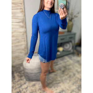 "The Rock" Mock Turtle High Neck Floaty Long Sleeve Soft Stretchy Blue