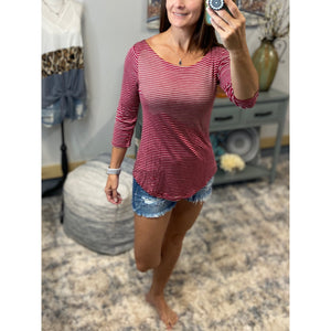 Very Sexy Open Scoop Neck Preppy Striped Rugby Open 3/4 Shirt Top Red Gray S/M/L