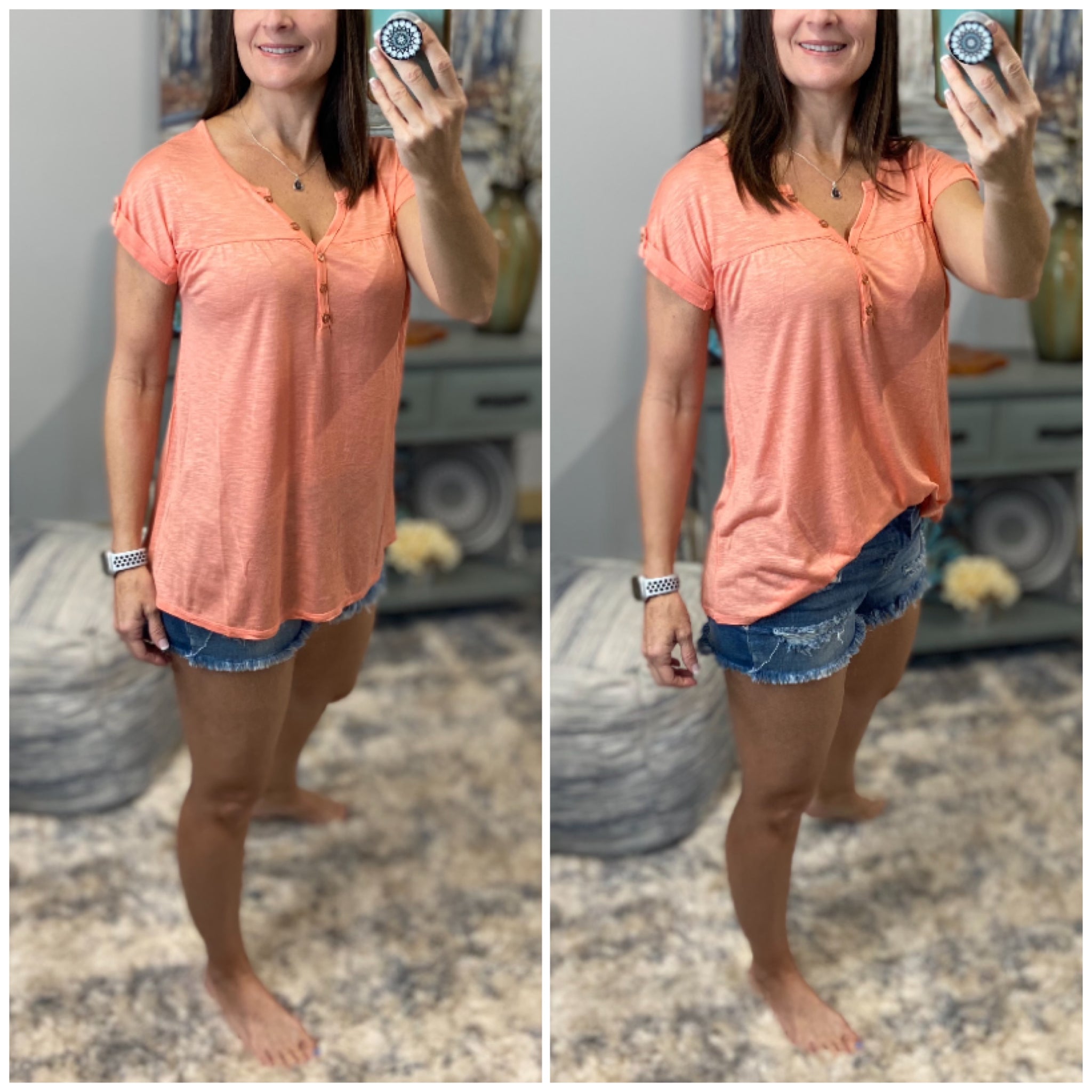 “Just Be You” Sheer Burnout Melange Tissue V Neck Henley Tab Sleeve Shirt Floaty Tee Peach