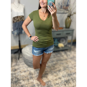 “Basic Babe” Low Cut V-Neck Cleavage Baby Slimming Basic Tee Shirt Top Olive S/M/L