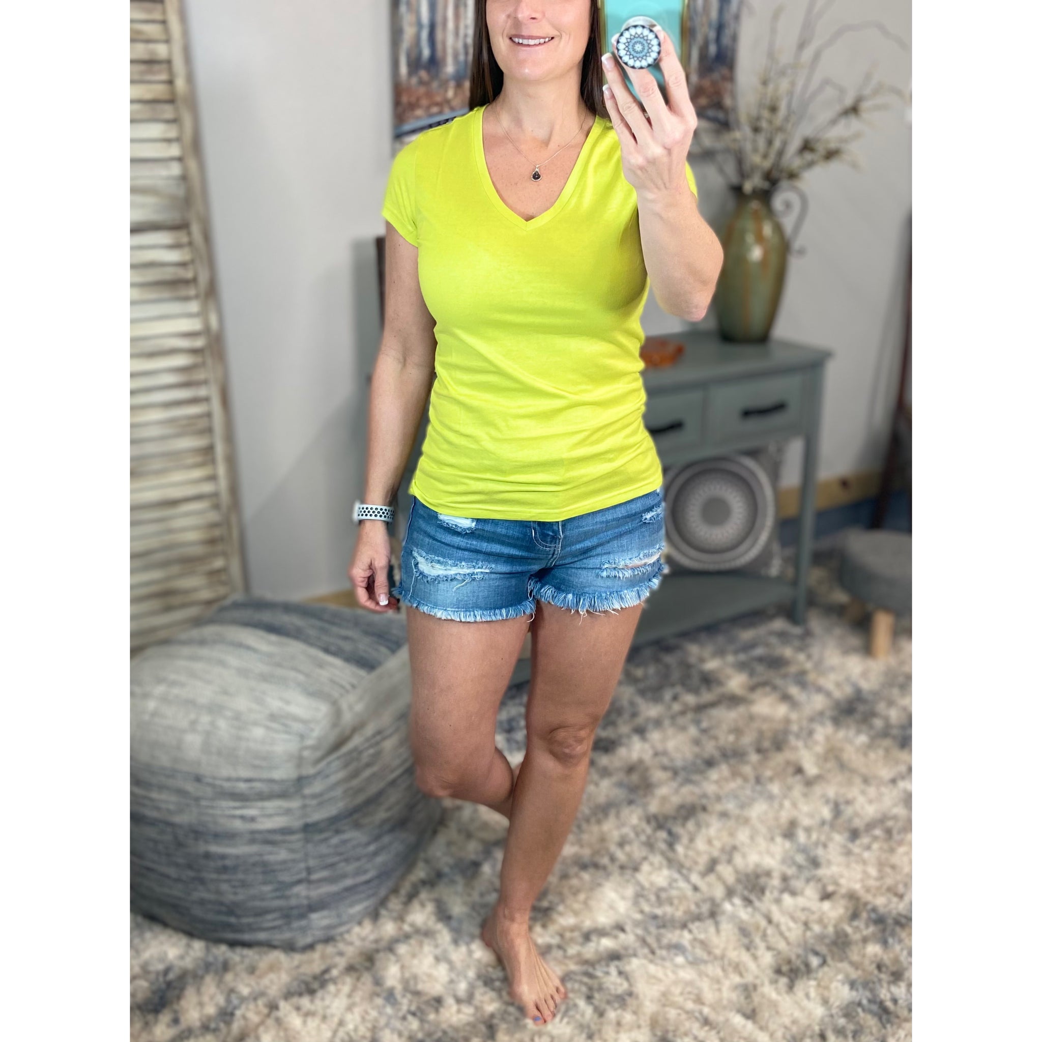 “Basic Babe” Low Cut V Neck Cleavage Baby Slimming Short Sleeve Basic Tee Neon Yellow