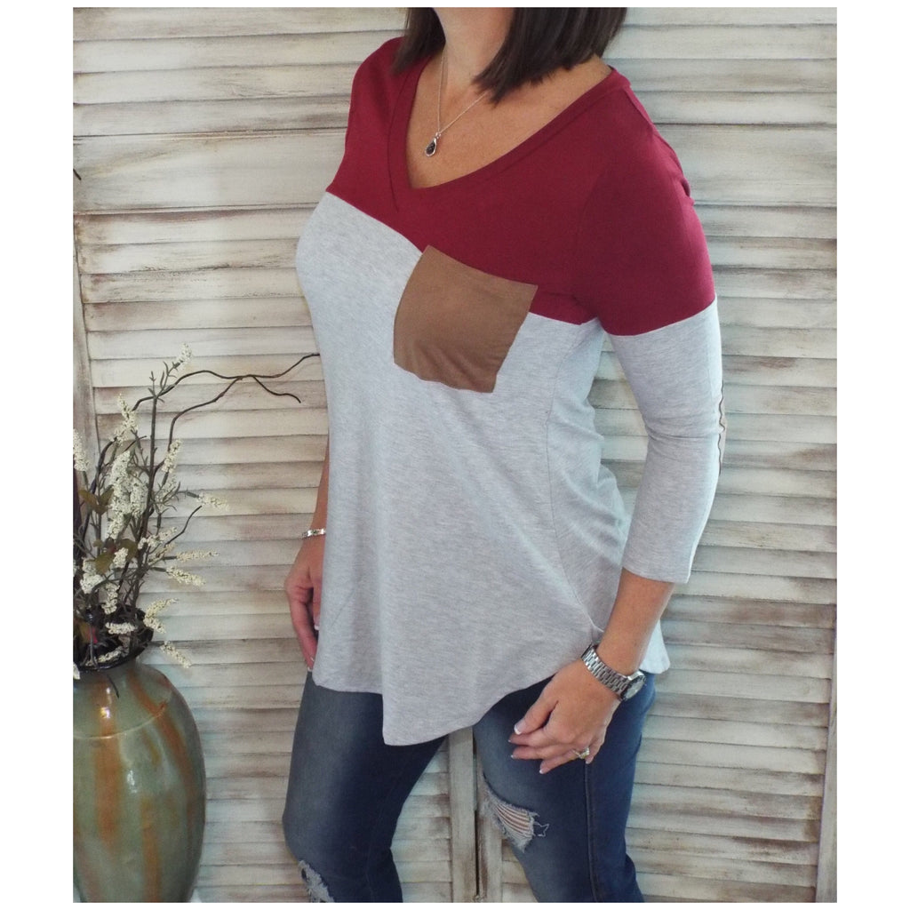 Suede Pocket Elbow Detail V Neck Floaty Color Block Tunic 3/4 Sleeve Wine Gray