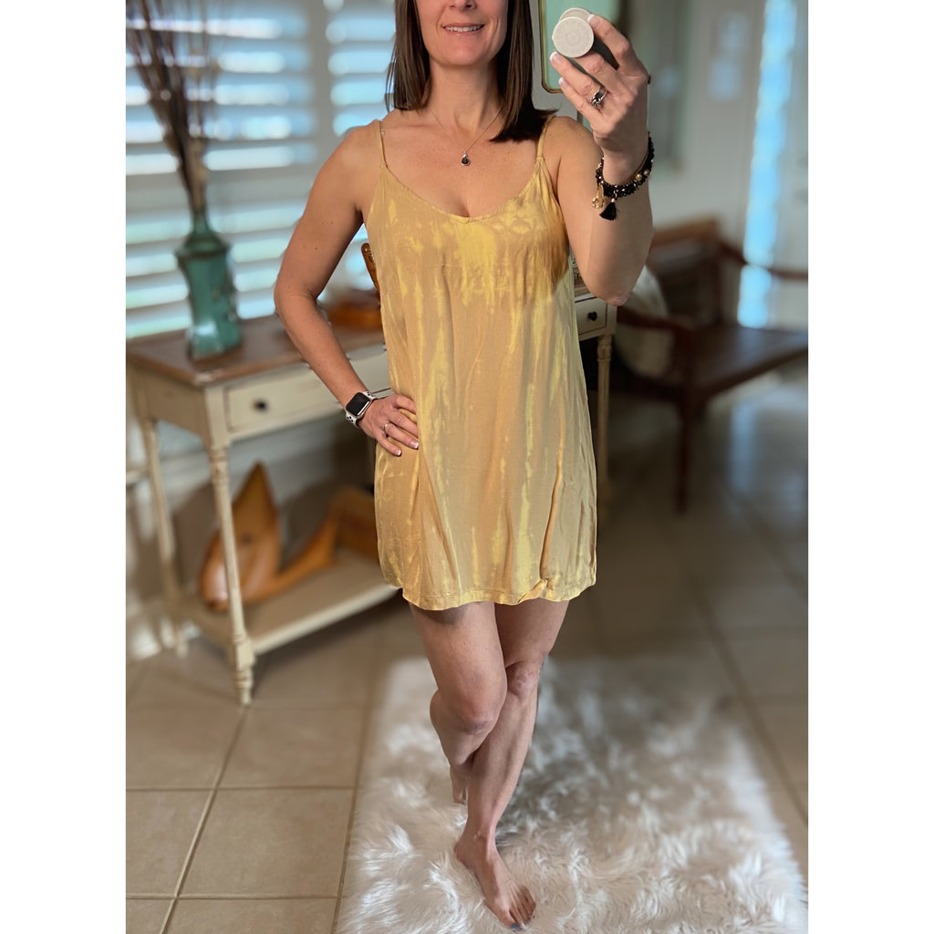 “Day at the Pool” Sexy Tie Dye Mini Dress V Neck Cami Tank Adjustable Spaghetti Strap Yellow