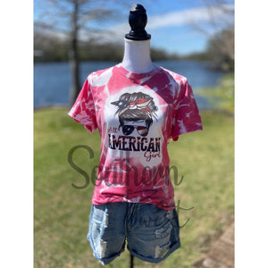 “All American Girl Tee” Messy Bun Sunglasses Headband Bleached Sublimation Boyfriend Basic Tee Shirt Red S/M/L/XL/2X