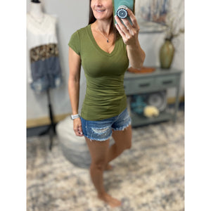 “Basic Babe” Low Cut V-Neck Cleavage Baby Slimming Basic Tee Shirt Top Olive 1X/2X/3X