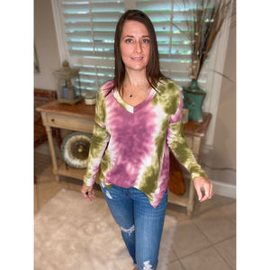 “Summertime Blues” Tie Dye V Neck Long Sleeves Vertical Print Split Side Thick Top Pink Green