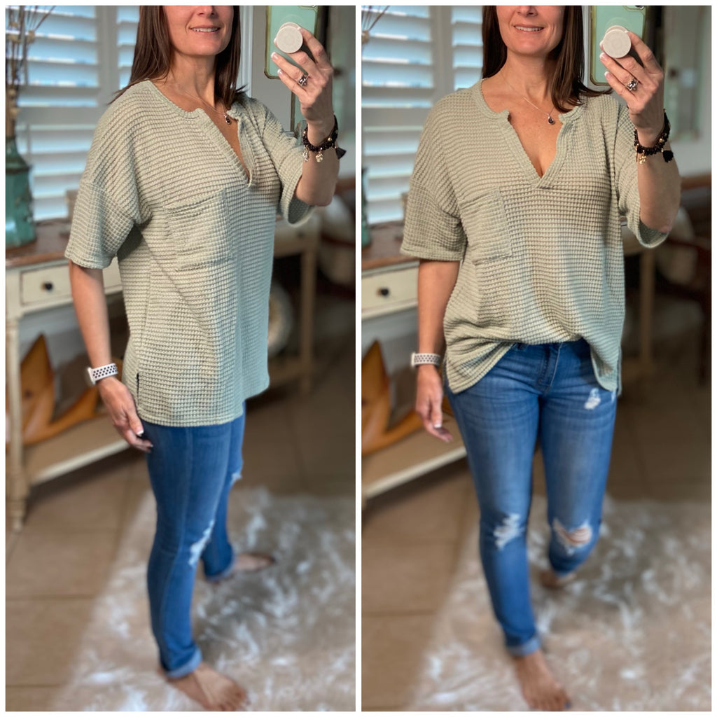 “Gabby Top” Gabby Popcorn Waffle Thermal Pocket V-Neck Short Sleeve Top Sage