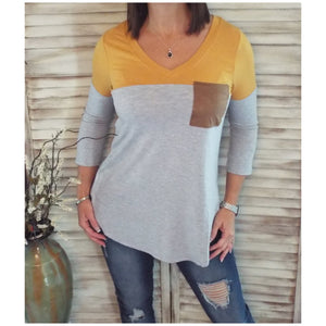 Suede Pocket Elbow Detail V Neck Floaty Color Block Tunic 3/4 Sleeve Yellow Gray