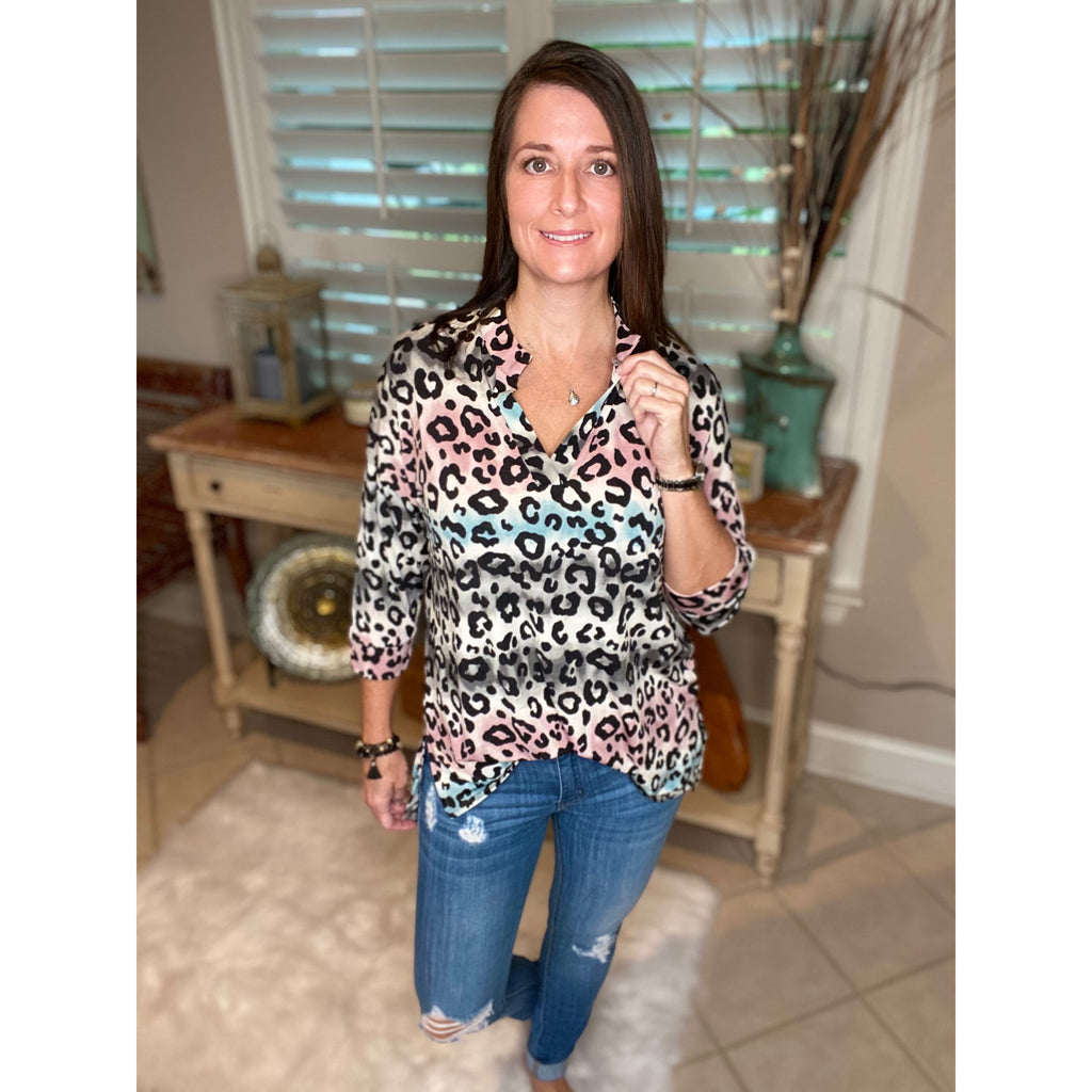 “Don’t Fight It” Gabby Leopard Ombré Print V-Neck Tunic Flowy Boxy Charcoal