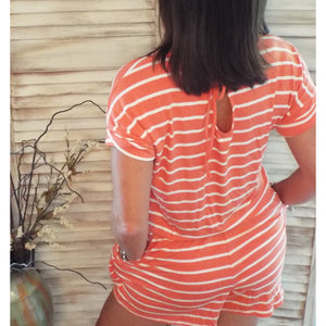 Striped Romper Scoop Neck Short Cuff Sleeve Shorts Pockets Elastic Waist Orange