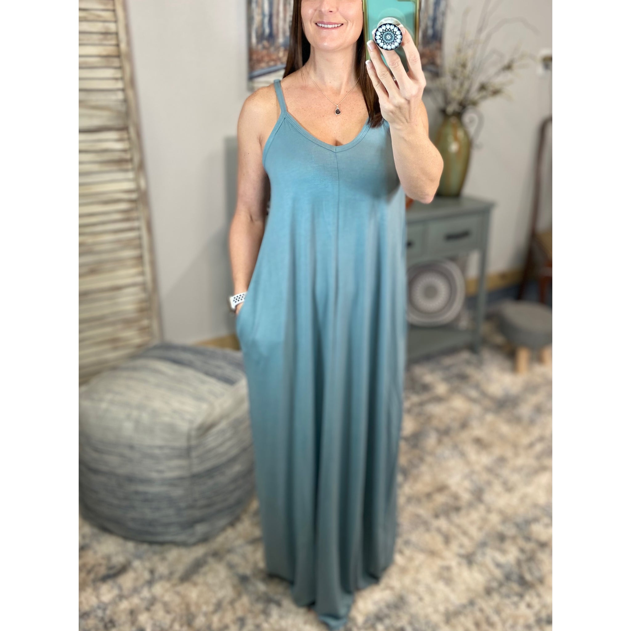 “Just A Little Bit Longer” V Neck Maxi Dress Pockets Adjustable Spaghetti Straps Summer Long Blue